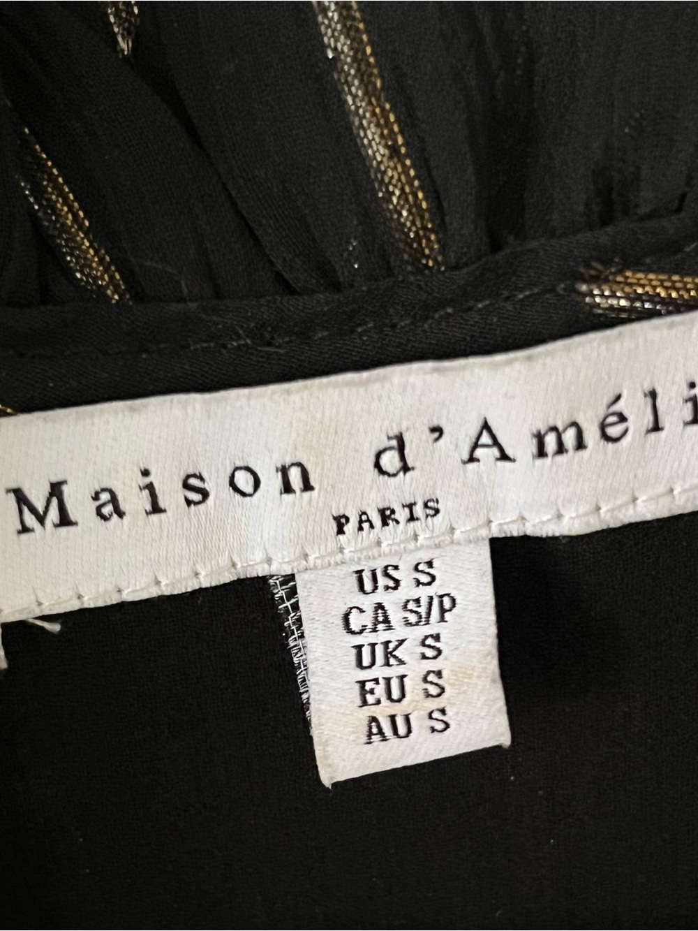 Maison d’Amélie Paris Black Gold Metallic Striped Ruffled Blouse Top Size Small - Picture 2 of 9